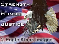 Strength, Honor, and Justice - Bald Eagle and USA flag from the screen saver.  Free screen saver evaluation version also available. Patriotic picture of USA flag and eagle.